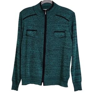 Exclusively Misook Cardigan Sweater Womens Medium Teal Black Space Dye Zip Up